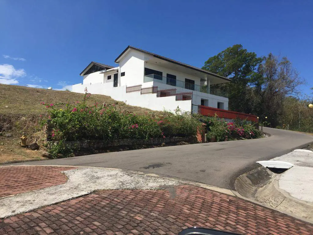 Two-story white house on a hill with a brown roof, surrounded by green trees and pink flowers, under a blue sky.