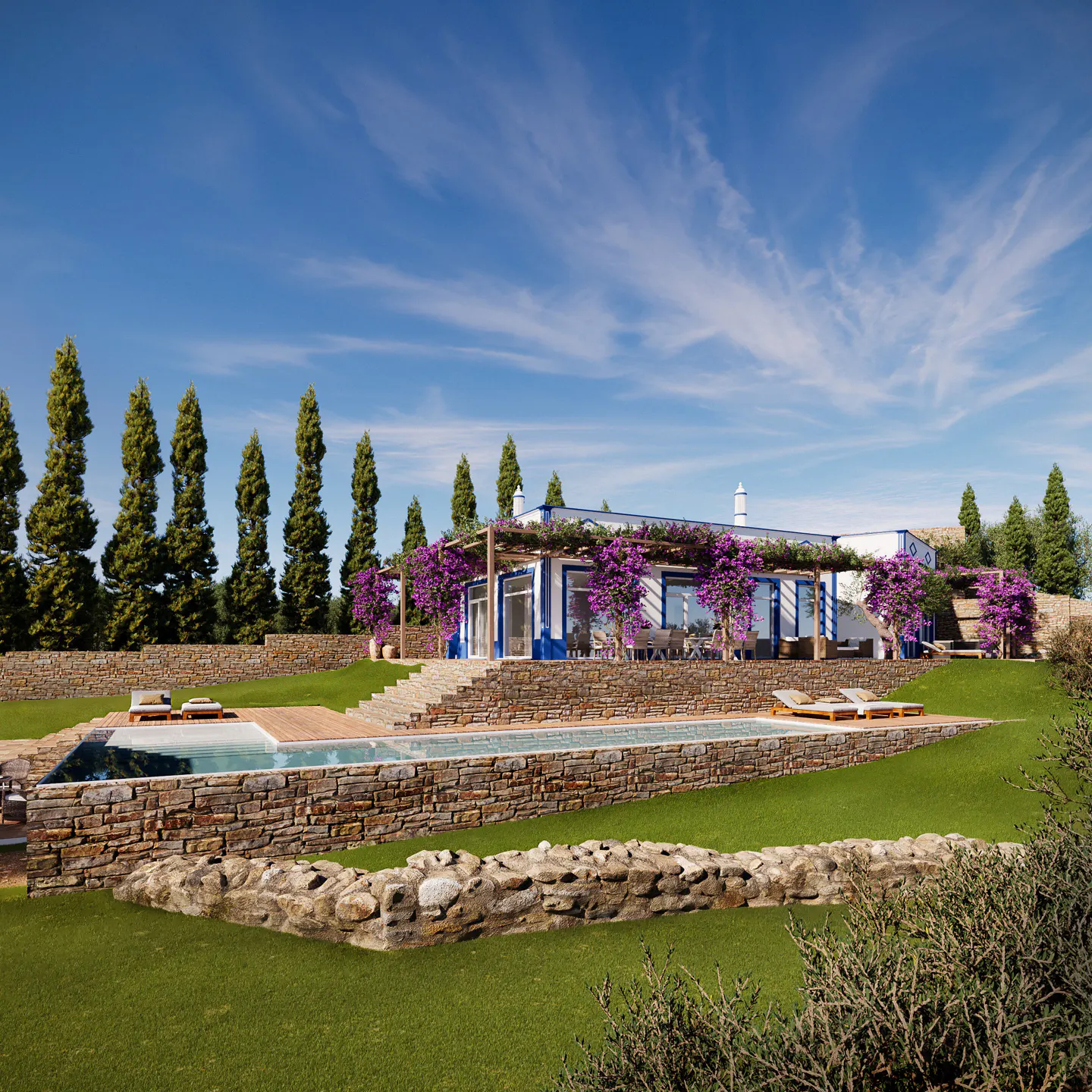 A white and blue house with a pool and purple flowers under a blue sky.