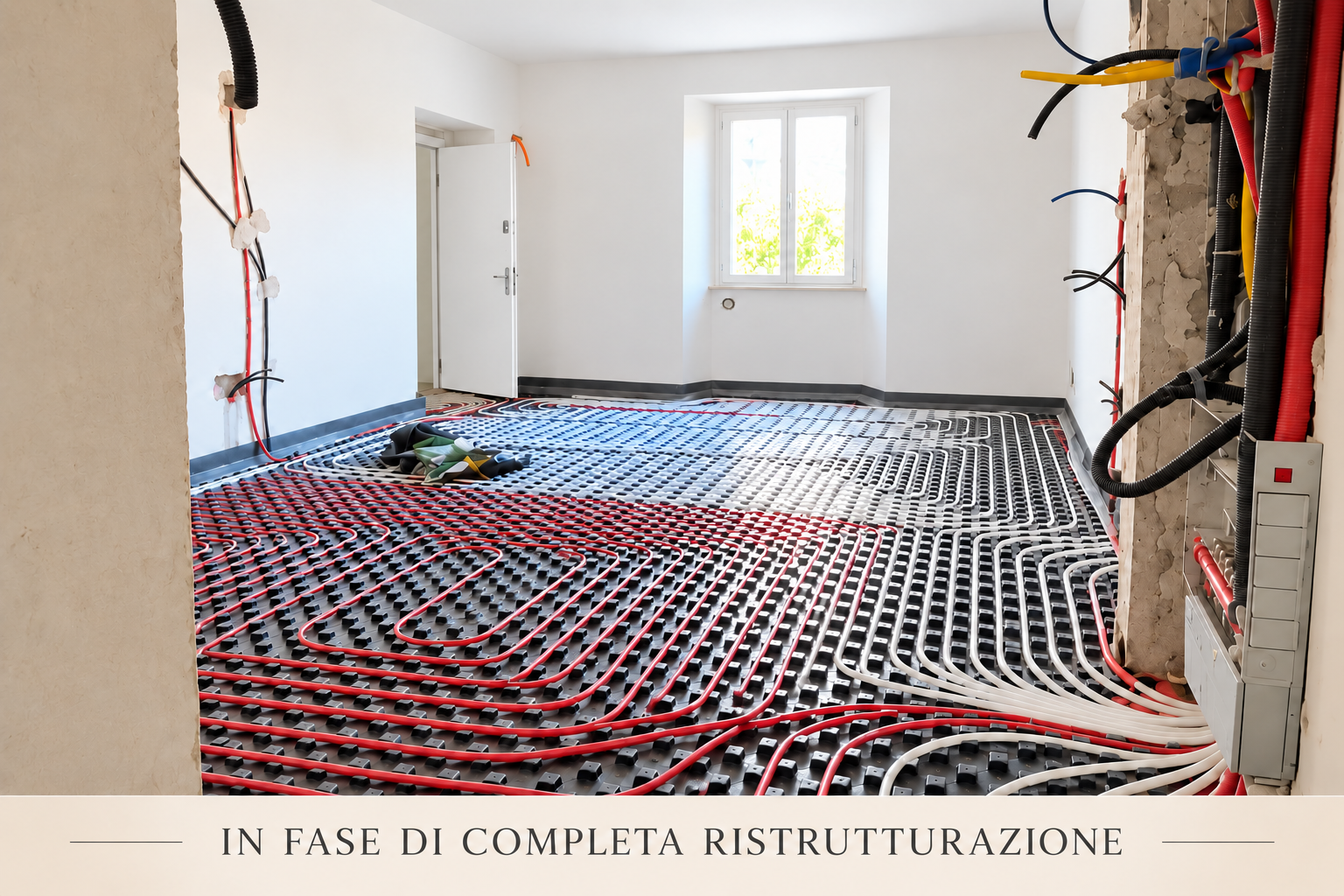 Room under renovation featuring a radiant floor heating system with red and white pipes installed over a black grid. [AI-generated text]