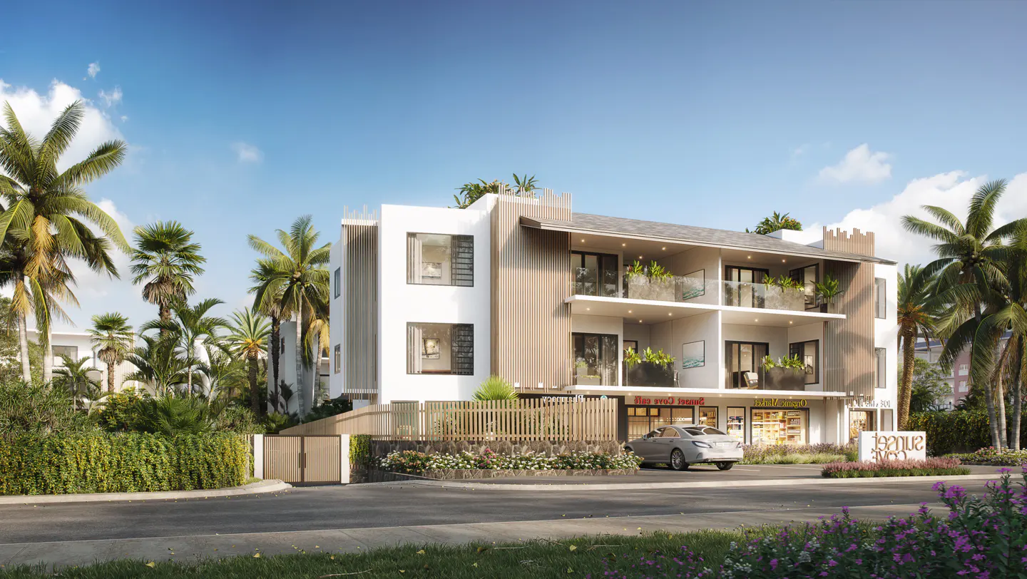 Modern white and brown building with balconies, palm trees, and a car parked in front. "Avenue Beau" sign visible.