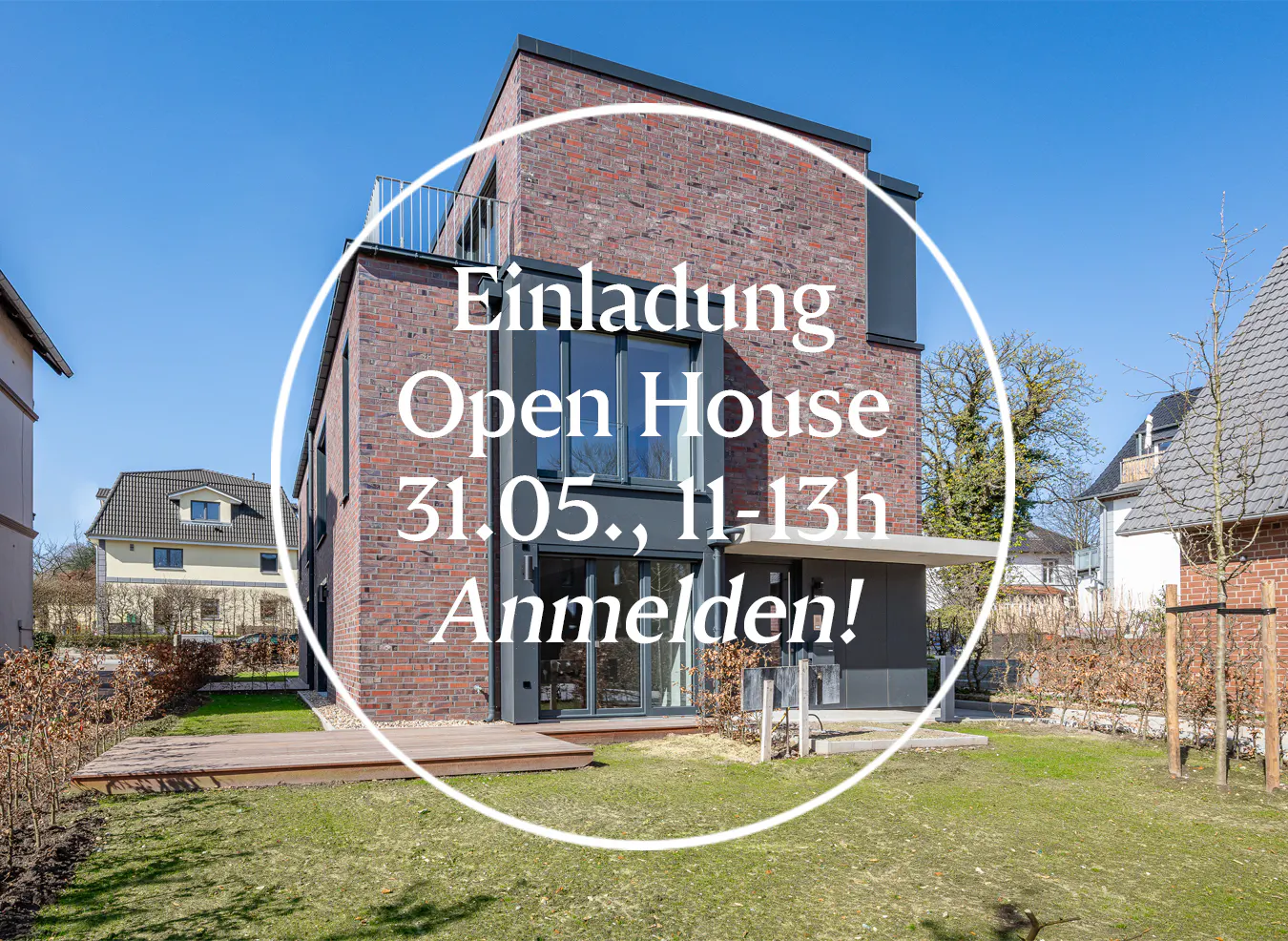 Open house invitation: A modern brick house with a small balcony, surrounded by a green lawn and trees, under a clear blue sky.