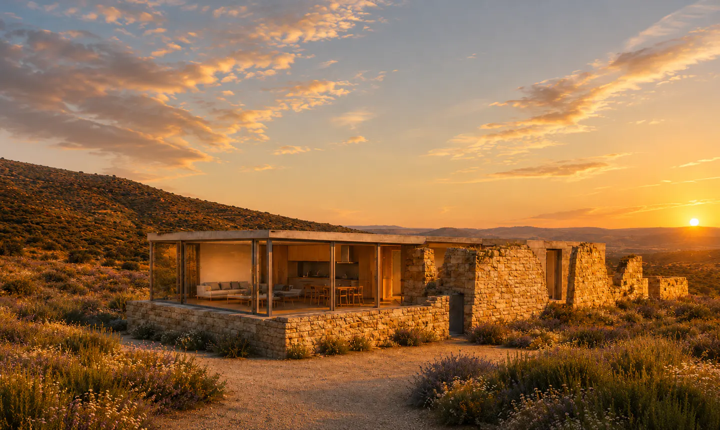 Modern stone and glass house on a hill at sunset. The sky is orange and yellow. The house has a stone base and glass walls. Interior furniture is visible.