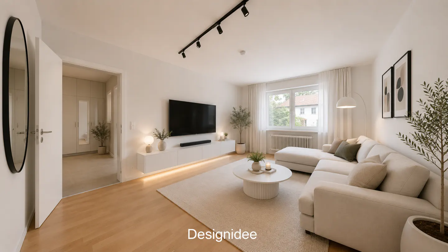 Bright living room with white walls, wood floors, and a large sectional sofa. A TV is mounted above a white console with ambient lighting.