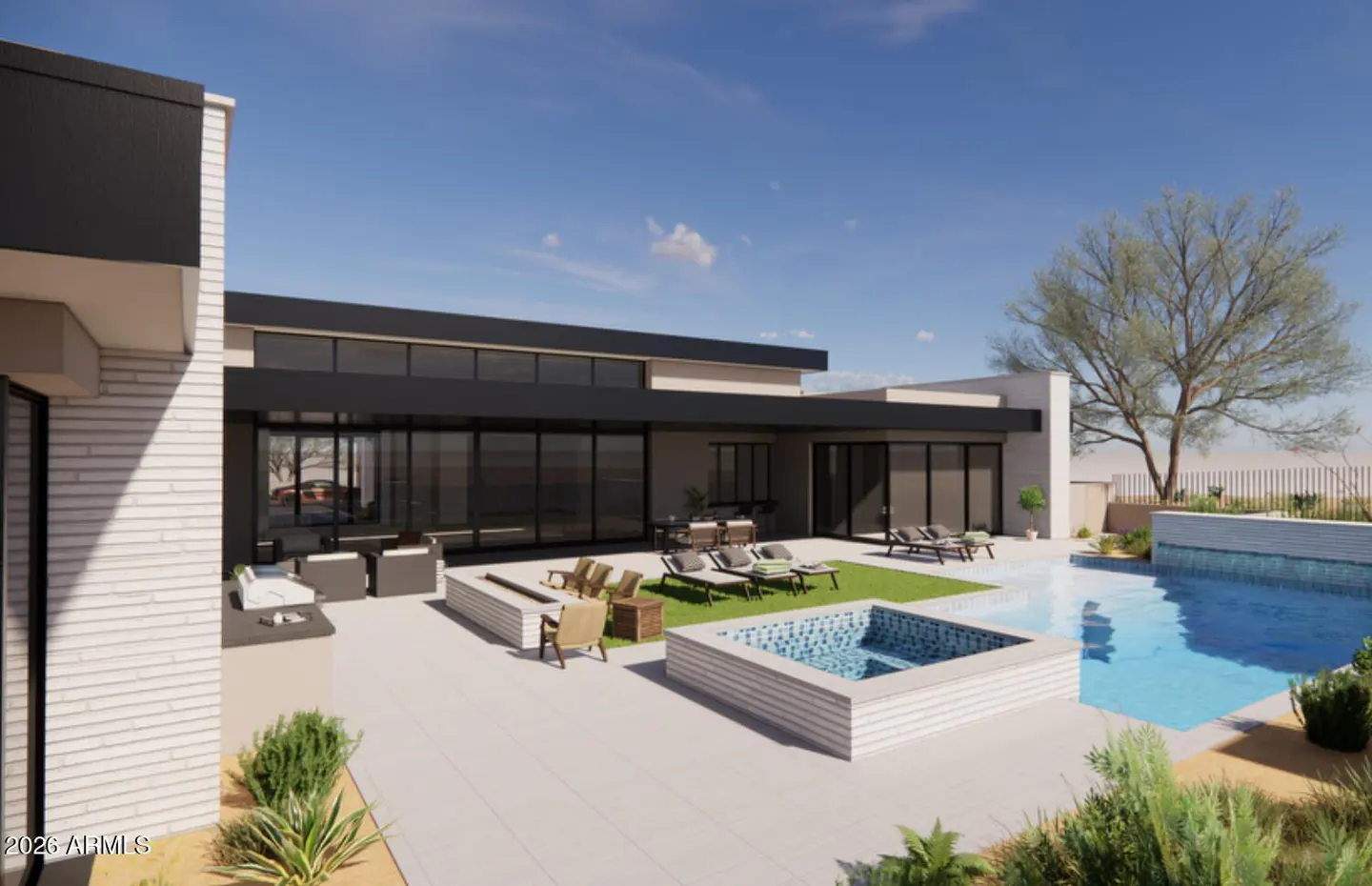 Modern home exterior with a pool, spa, and outdoor seating area under a blue sky.
