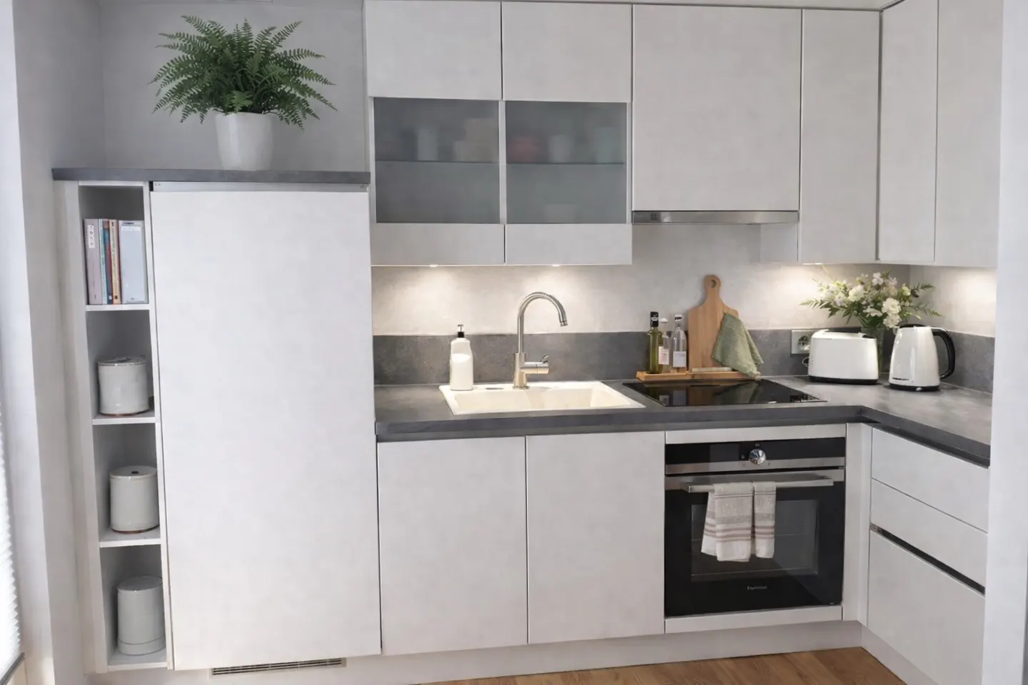A modern kitchen with white cabinets, gray countertops, and stainless steel appliances. A potted fern sits atop a cabinet.