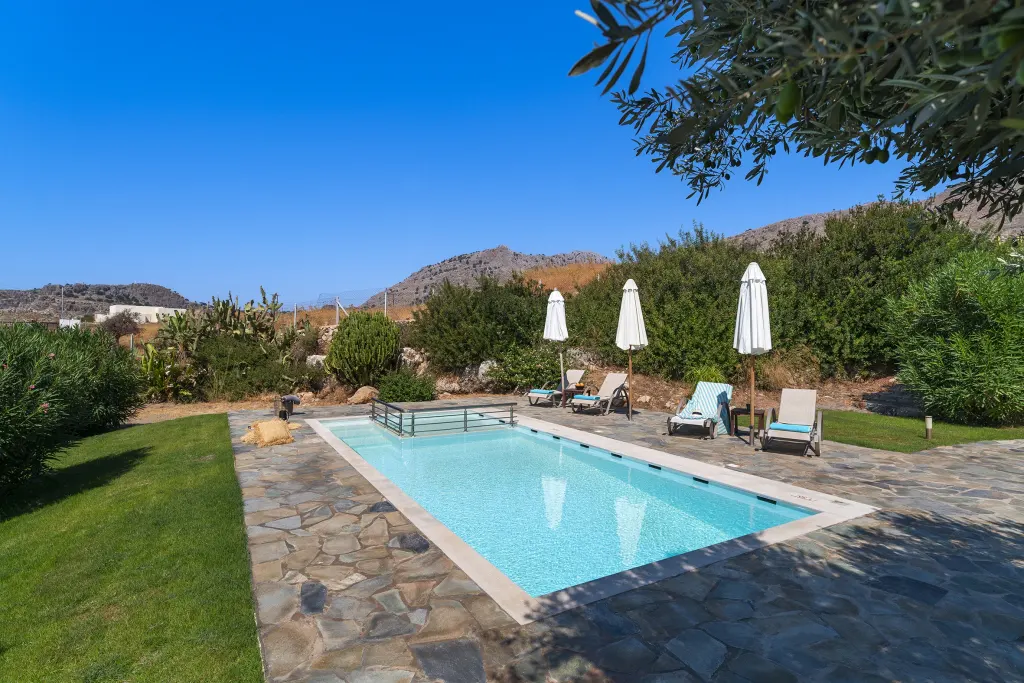 Rectangular pool with clear blue water, stone patio, lounge chairs, white umbrellas, green trees, and blue sky.