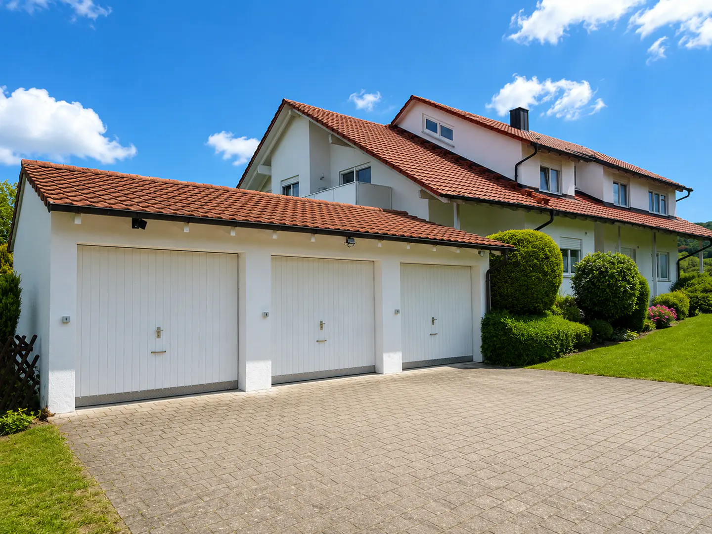 A white house with a red tile roof has a three-car garage and a paved driveway under a blue sky.