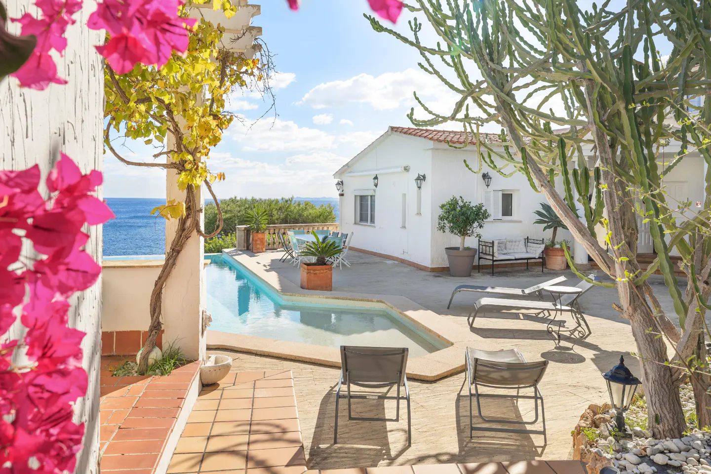 Outdoor patio with a pool, chairs, and a white house. Pink flowers and green trees frame the scene. The blue ocean is visible in the background.