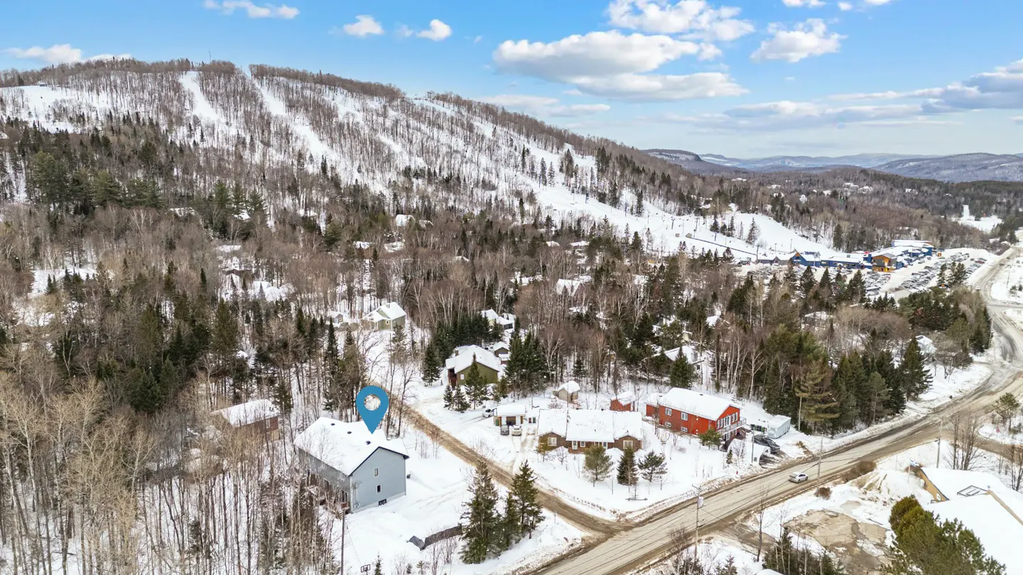Aerial view of a gray house with a blue location pin, surrounded by snow-covered trees and a ski mountain in the background.