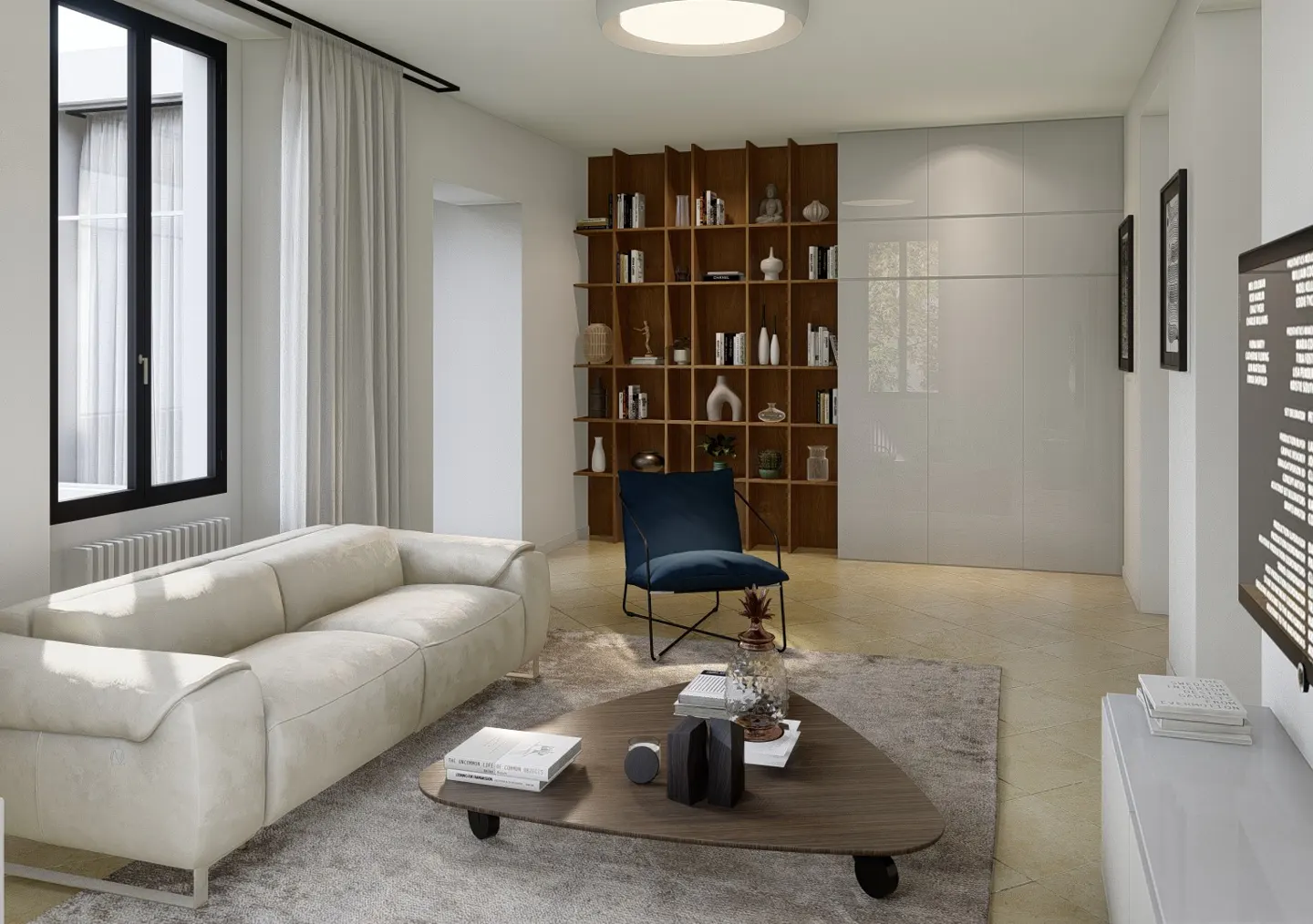 Living room with a beige sofa, blue chair, and a triangular coffee table on a gray rug. A bookshelf and a window are in the background.