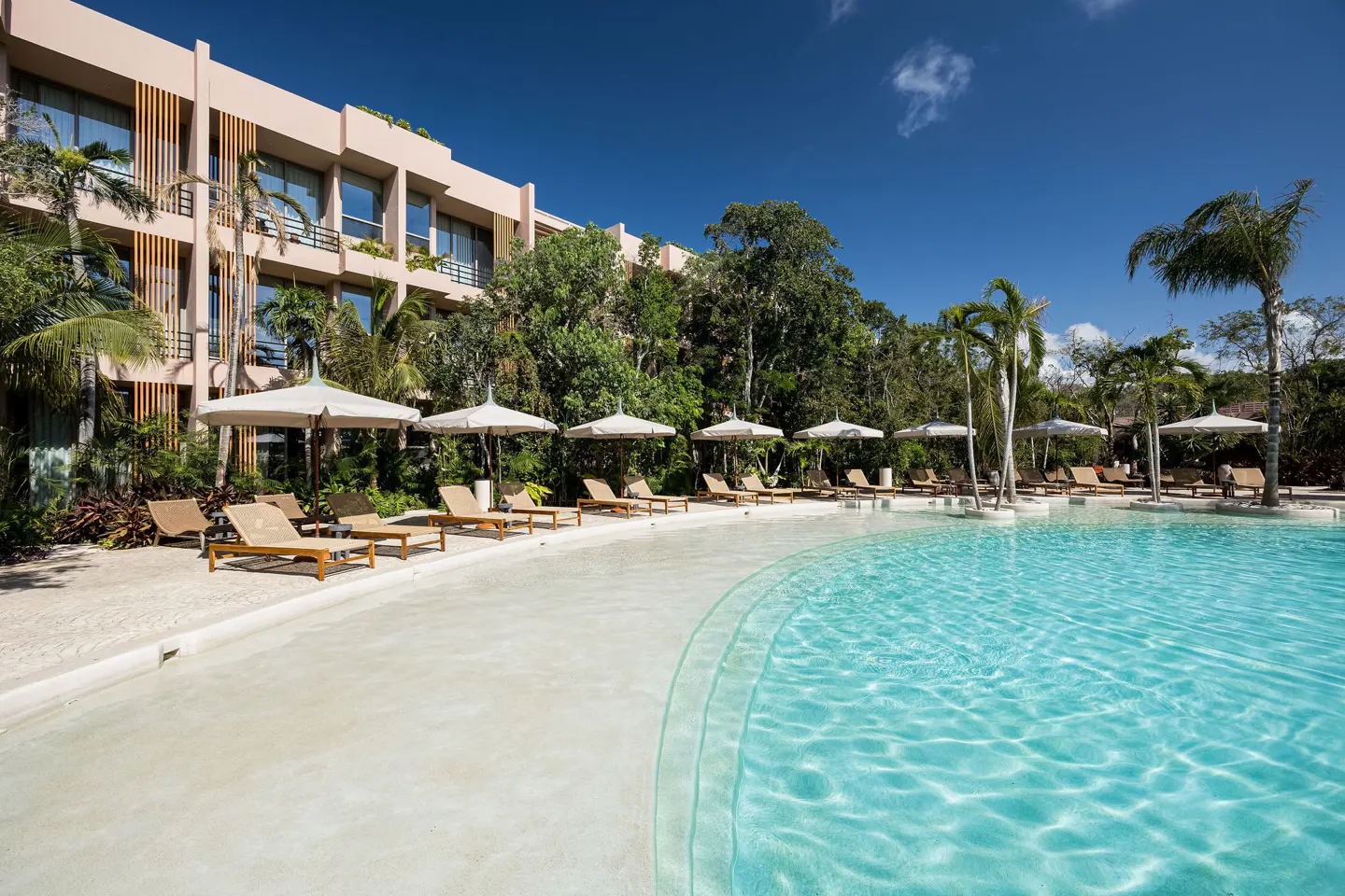 Hotel exterior with a pool. Lounge chairs and umbrellas line the pool's edge. Palm trees and lush greenery surround the building.