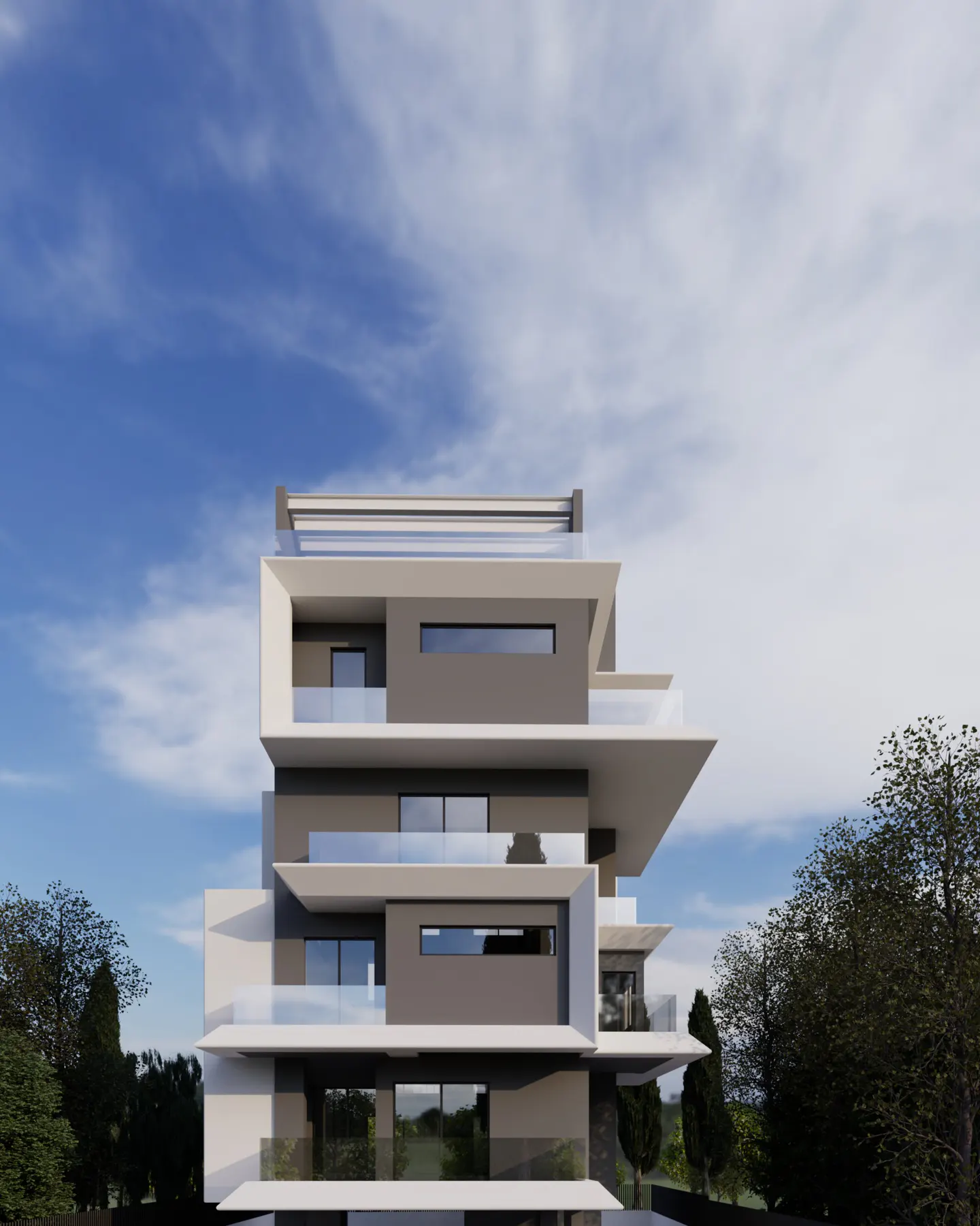 Modern multi-story apartment building with gray facade, white cantilevered balconies, and glass railings against a blue sky.