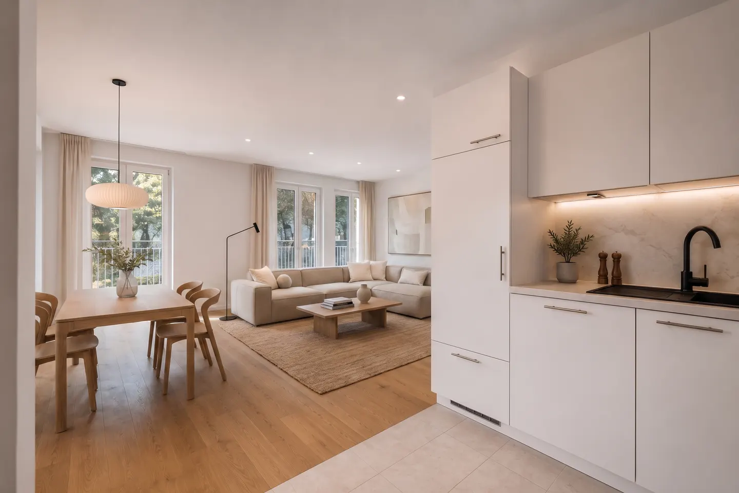 Open-concept living space with a dining table, beige sectional sofa, and white kitchen cabinets. Hardwood floors and natural light.