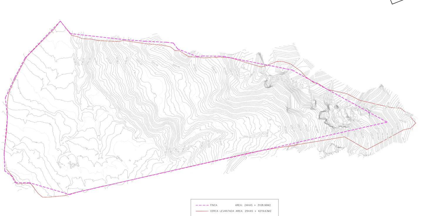 Land survey map with contour lines, pink dashed line labeled "FINCA", and solid red line labeled "CERCA LEVANTADA".