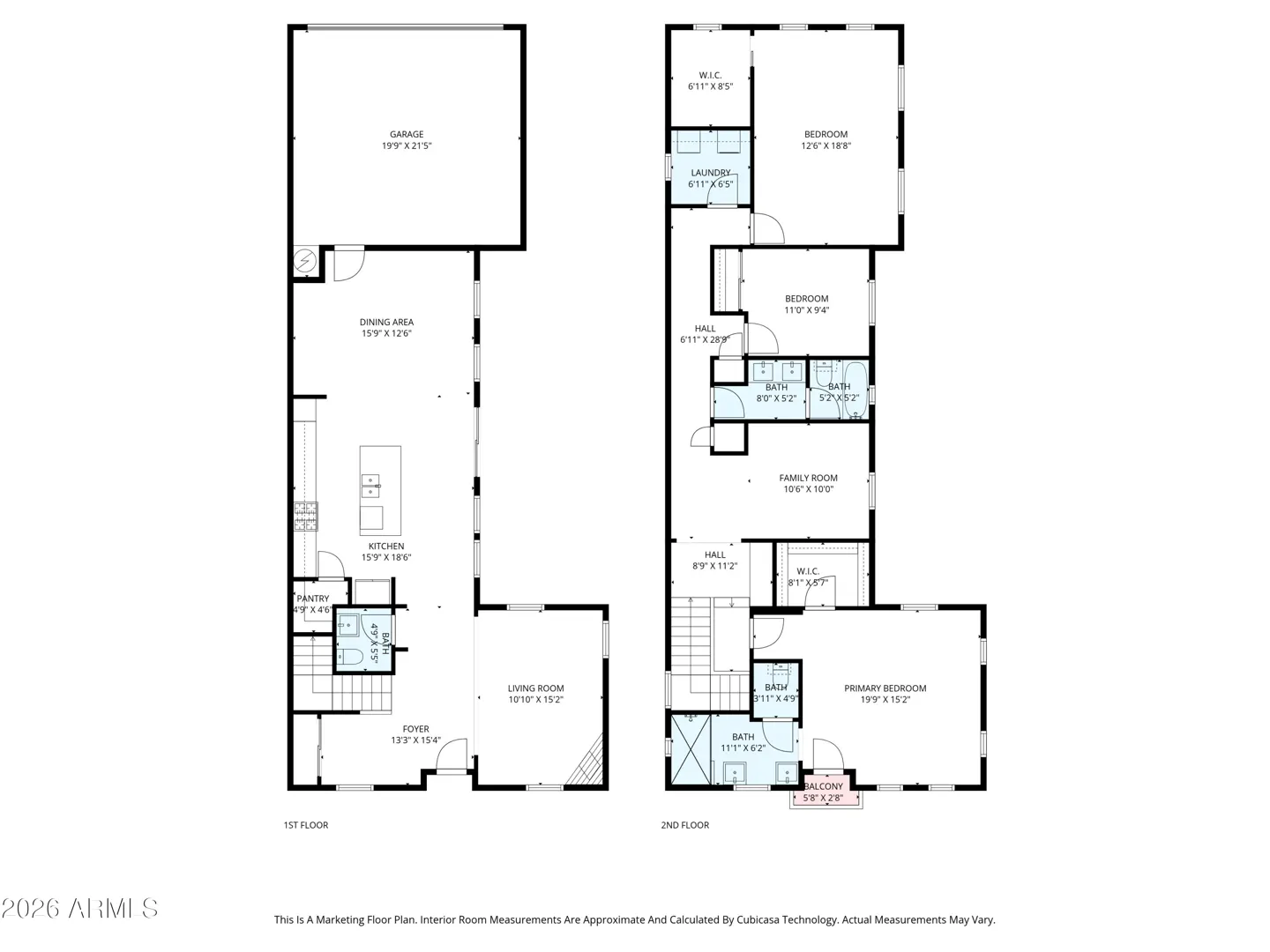 Floor plan of a two-story house with dimensions. The first floor includes a garage, dining area, kitchen, and living room. The second floor has bedrooms and bathrooms.