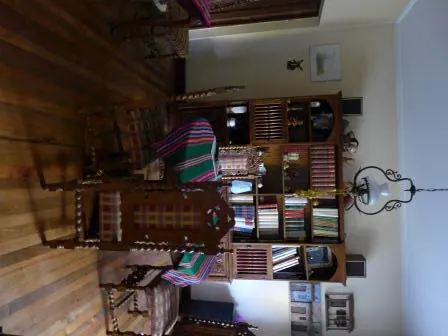 A cozy room with wooden floors, ornate chairs, and a full bookshelf. A decorative light fixture hangs from the ceiling.