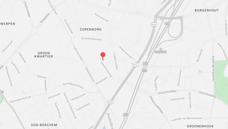 Map view of Zurenborg, Antwerp, Belgium, with a red pin marking a location near Waterloostraat. Highways and streets are labeled.