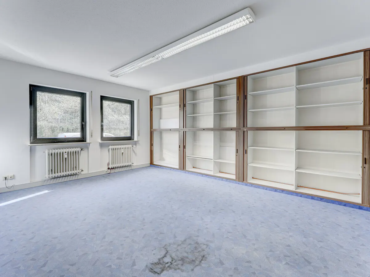 Empty office room with blue patterned carpet, white walls, two windows with radiators, and large built-in wooden shelving.