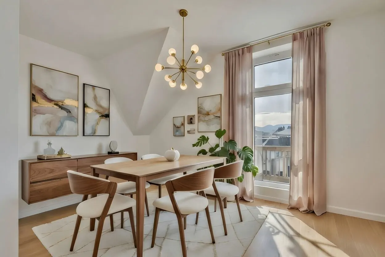 Bright dining room with wood table, chairs, and sideboard. A modern chandelier hangs above, and pink curtains frame a window with a view.