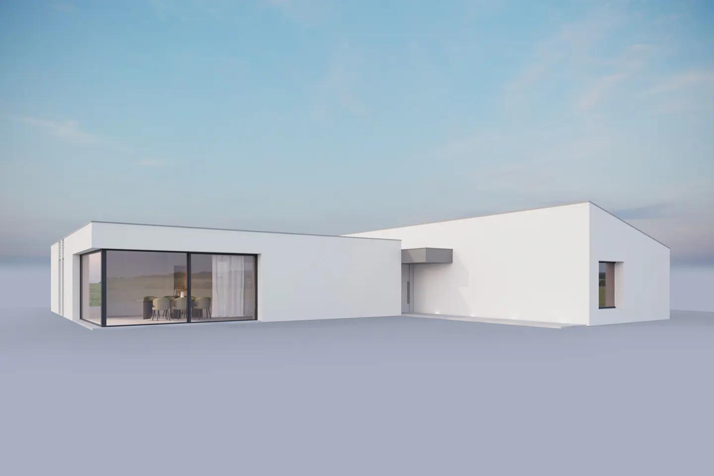 Modern white single-story home with large glass windows, a dining area visible inside, and a clear blue sky background.