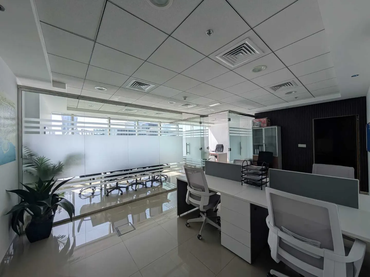 Bright office space with white desks, gray chairs, and glass-walled conference room. Potted plant near frosted windows.
