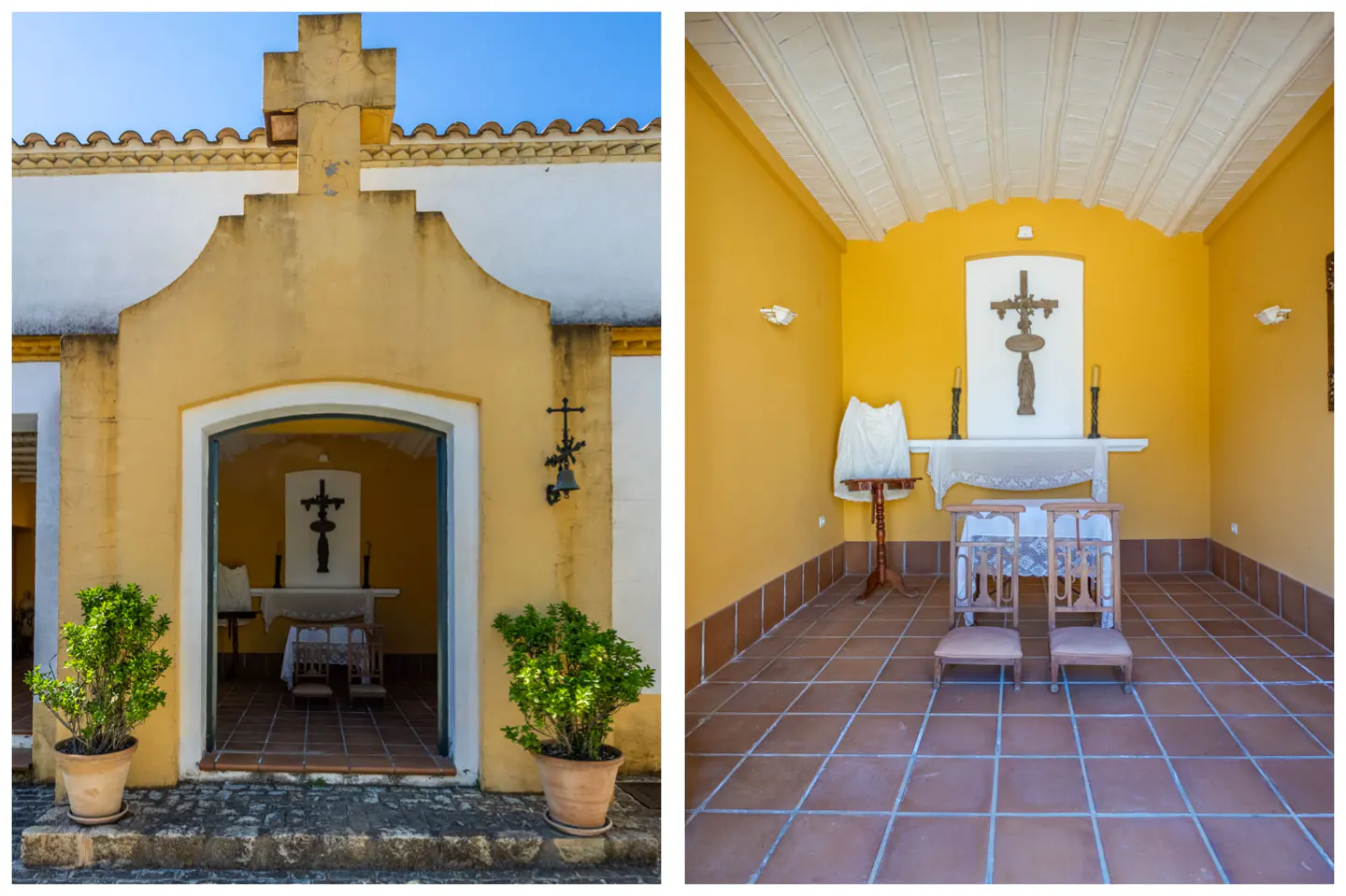 A split image shows the exterior and interior of a small, yellow chapel with a cross above the altar. Two chairs face the altar.