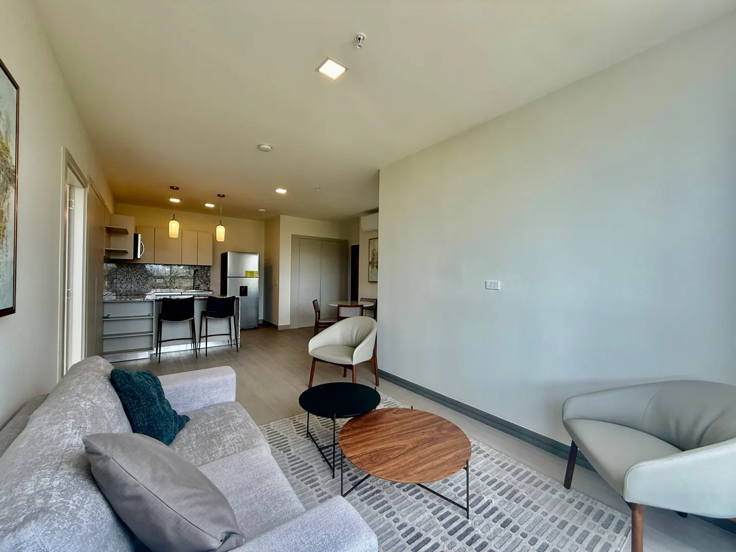 Open-concept apartment with a gray sofa, wood and black coffee tables, and a kitchen with stainless steel appliances.