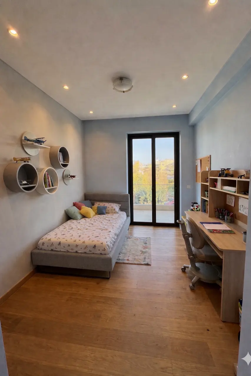 Bedroom with light blue walls, wood floors, a bed with colorful pillows, and a desk with a chair. Black framed glass doors lead to a balcony.