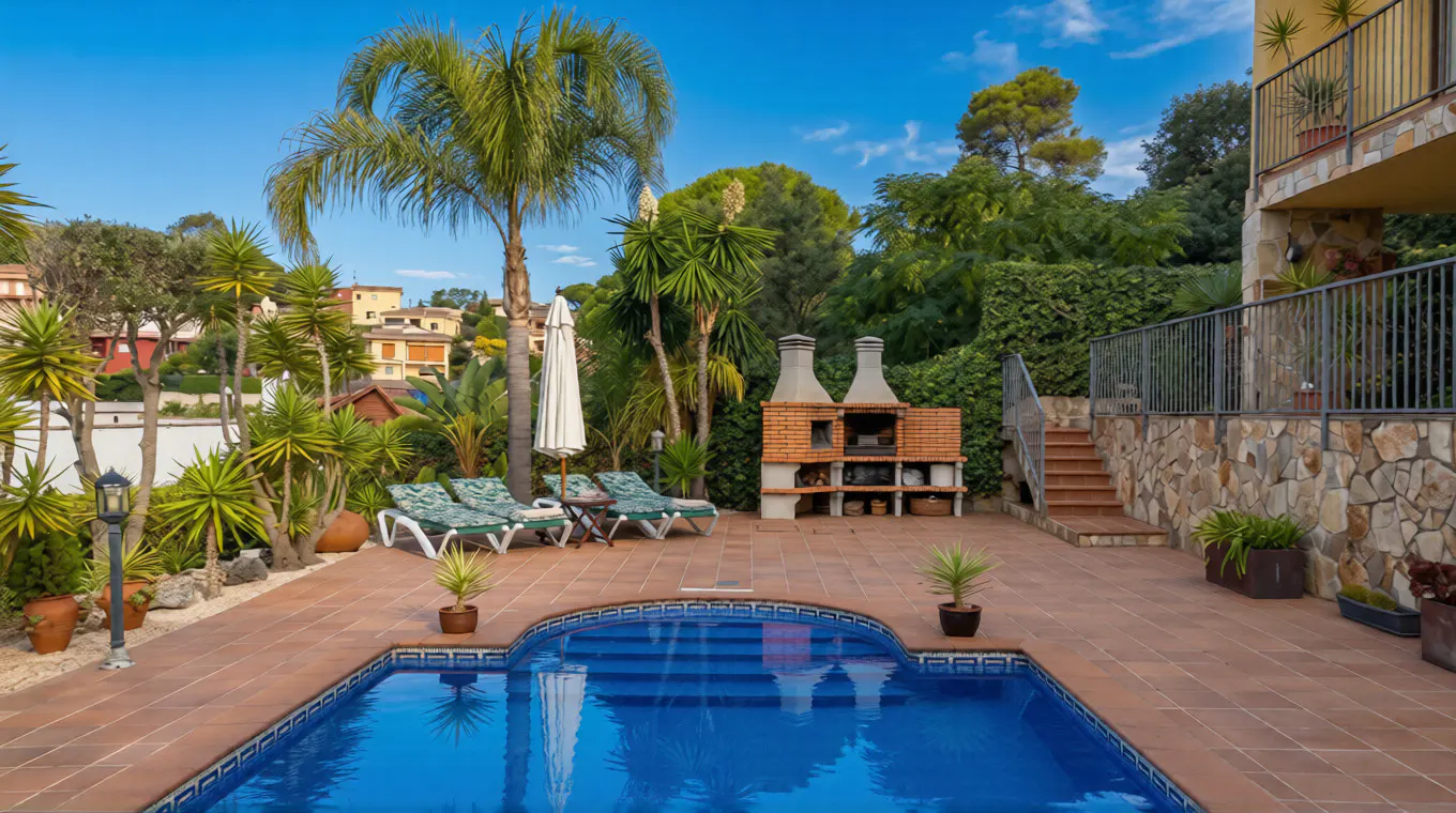 Outdoor pool area with blue water, brick patio, lounge chairs, and a brick barbecue. Palm trees and greenery surround the space.