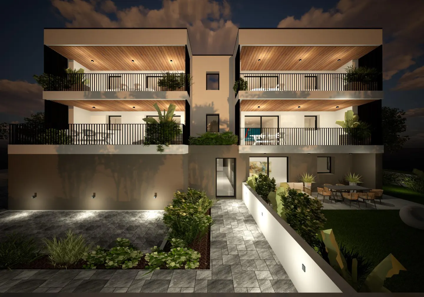 Three-story apartment building with balconies, black railings, and wood ceilings. Stone walkway and green lawn.