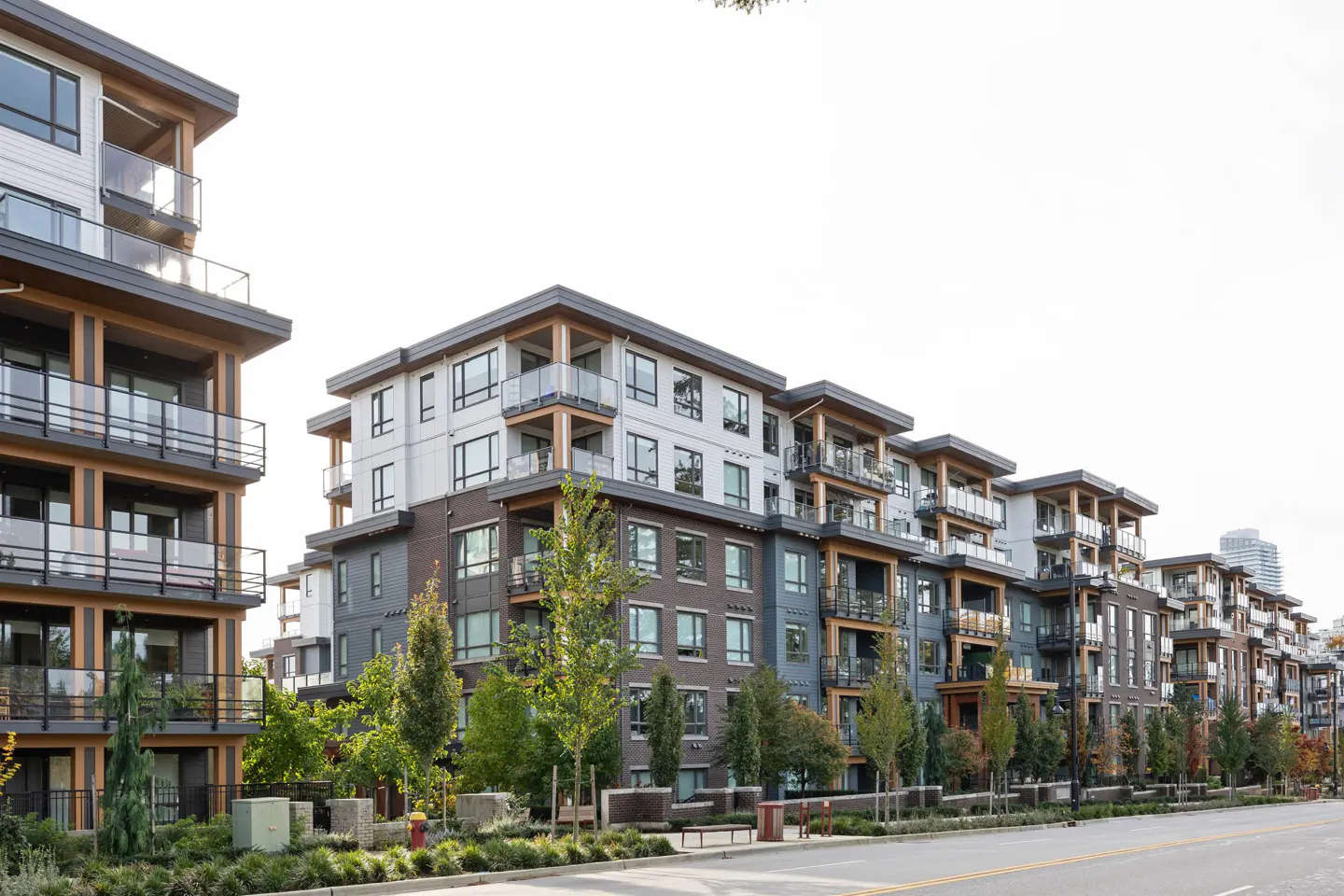Modern apartment buildings with balconies line a street with trees and green landscaping.