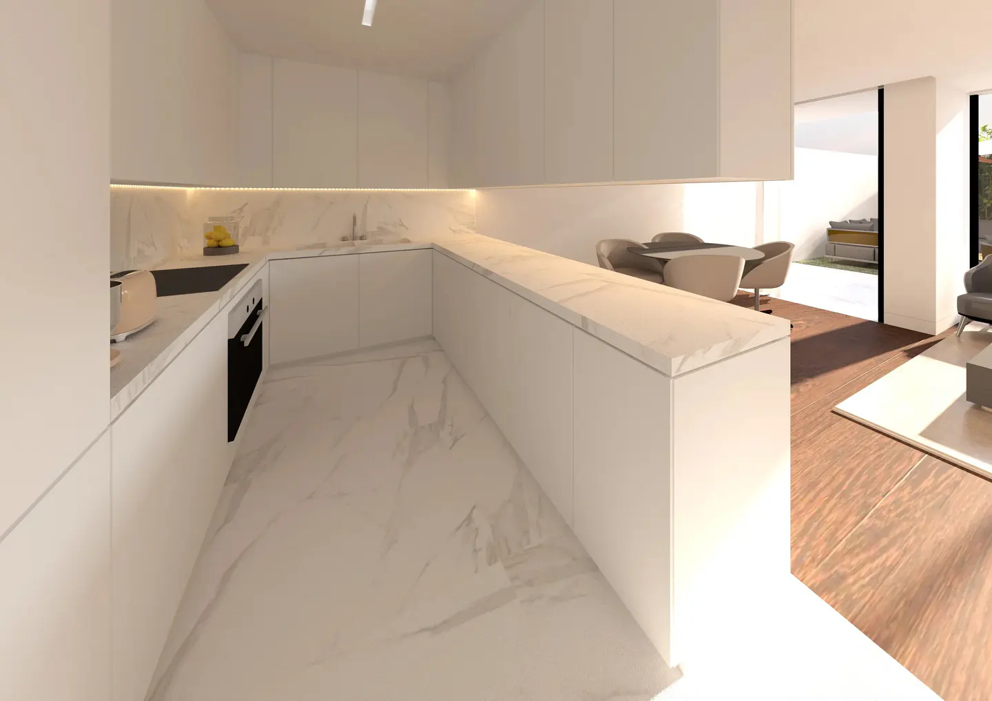 A modern, open-concept kitchen with white cabinets, marble countertops and flooring, and a dining area visible in the background.