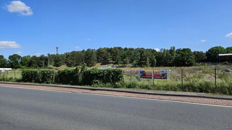 Vacant lot with green trees in the background and a gray road in the foreground. Two posters are attached to a chain link fence.