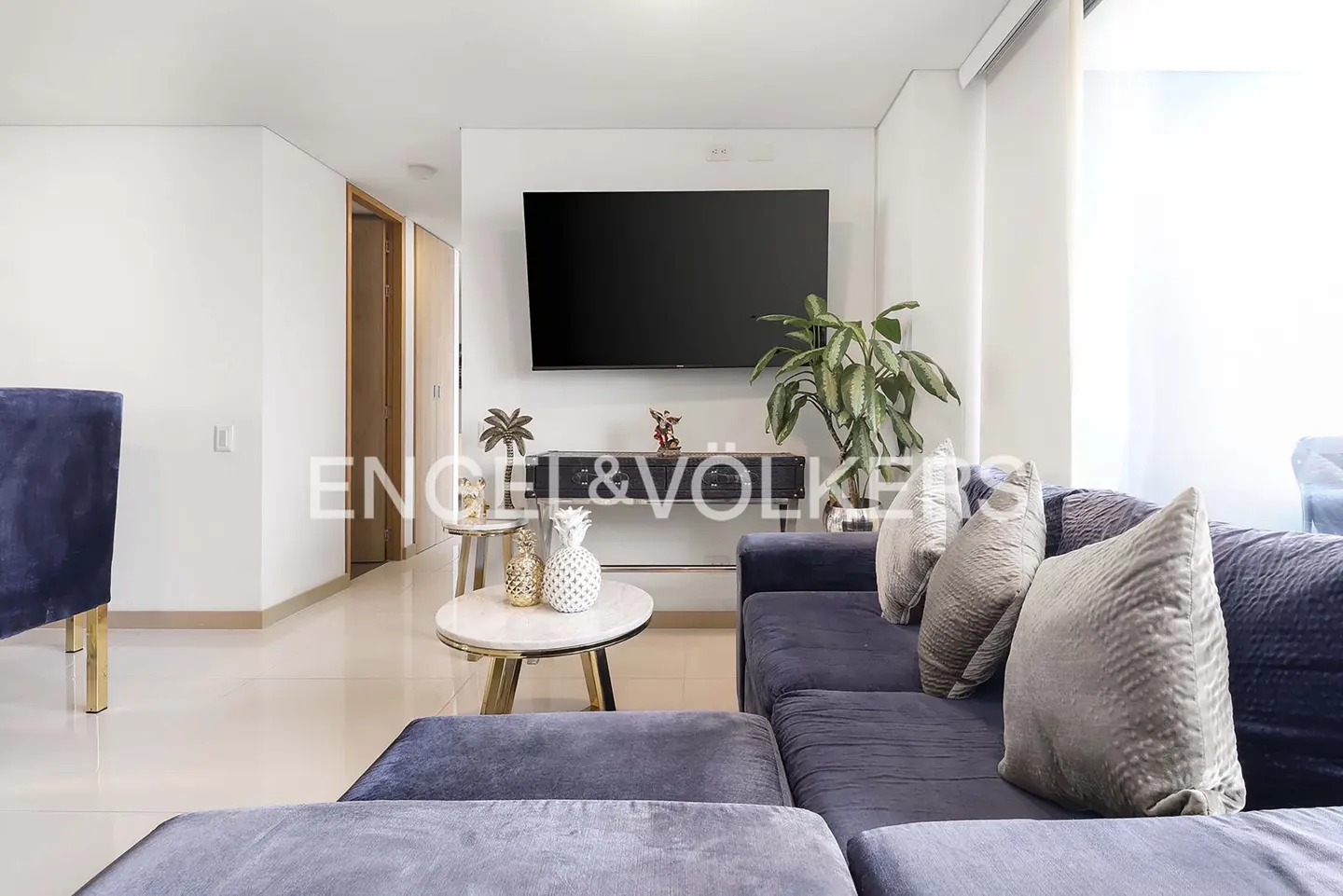 Living room with a blue sofa, pillows, TV, and a plant. Engel & Völkers logo is visible.