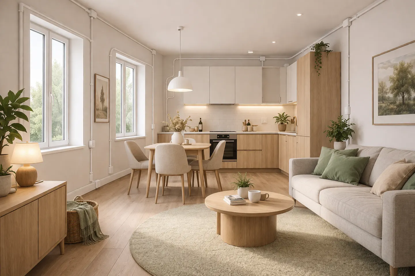 Modern open-plan living area with a light wood kitchen, dining table, and a beige sofa on a round rug in a bright room.