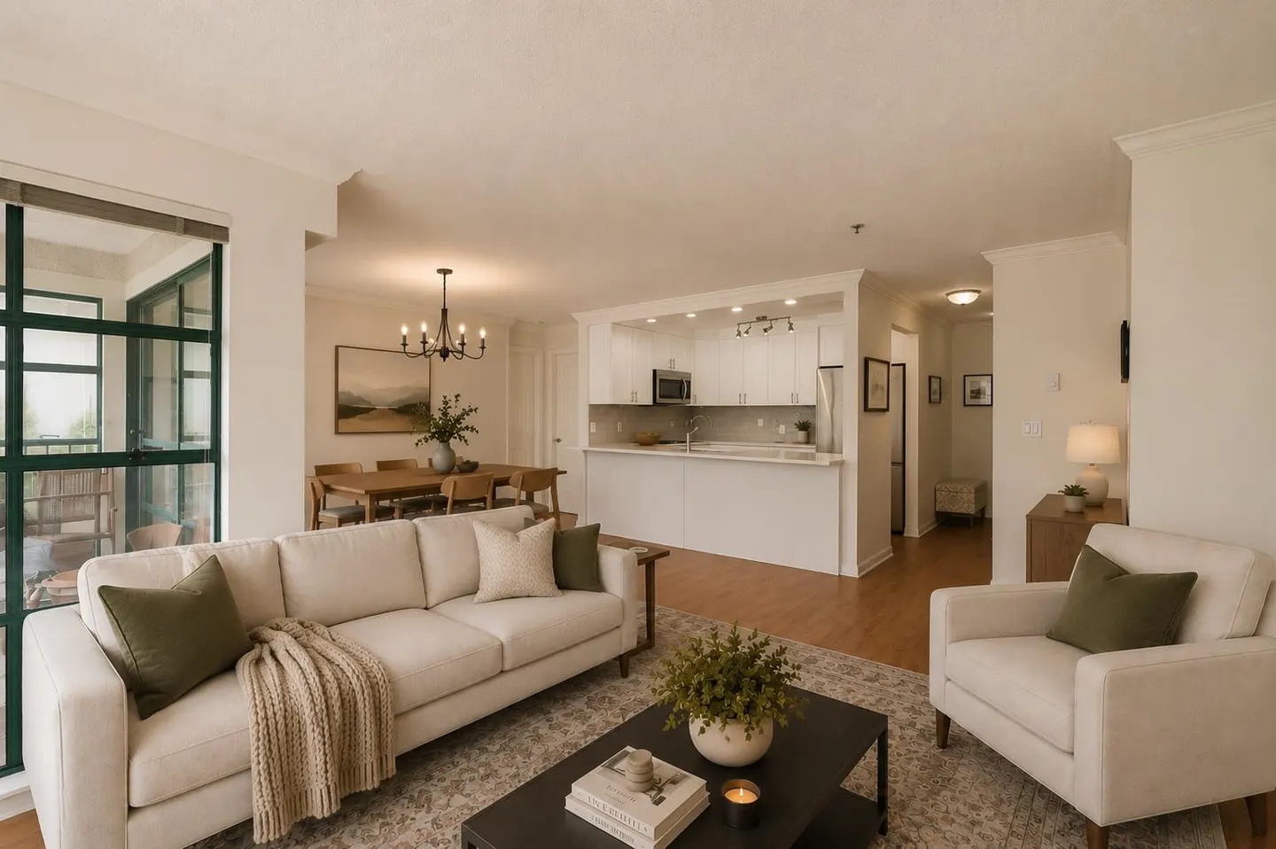 Open-concept living space with white sofa, chair, and kitchen. Dining table with chandelier in the background. Large windows provide natural light.
