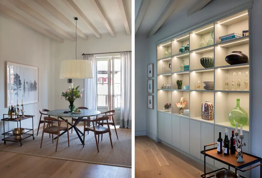 Split image: Left, dining room with table, chairs, and bar cart. Right, built-in shelving with decorative items and bar cart.