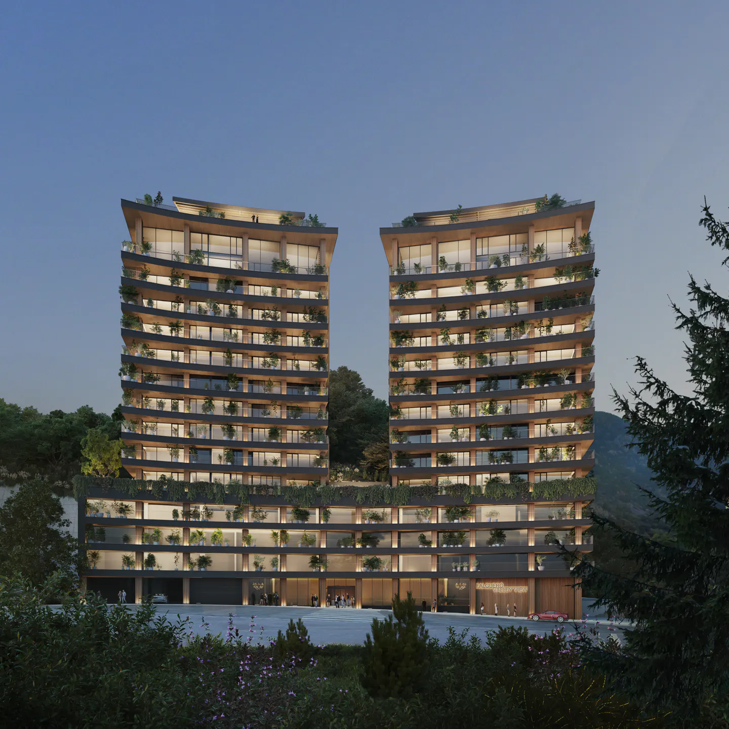 Two modern, curved high-rise buildings with balconies and greenery at dusk. Trees and shrubs surround the base.