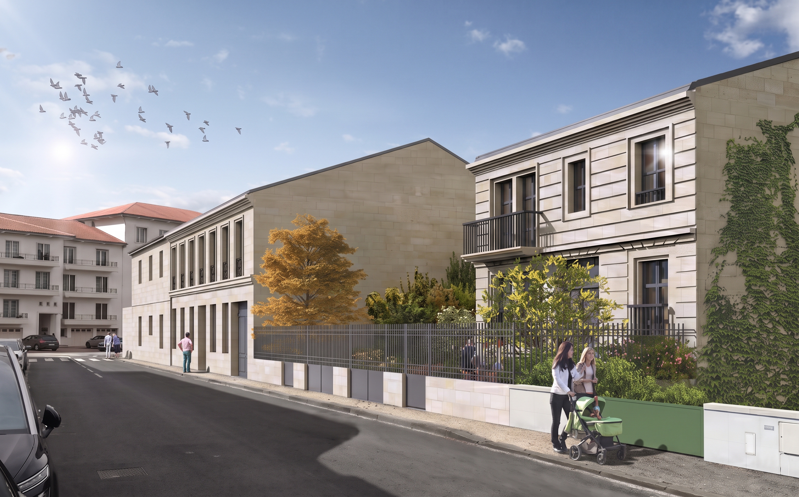 A woman pushes a stroller along a sidewalk next to a modern stone building with a fenced garden and climbing ivy. [AI-generated text] [AI-modified]
