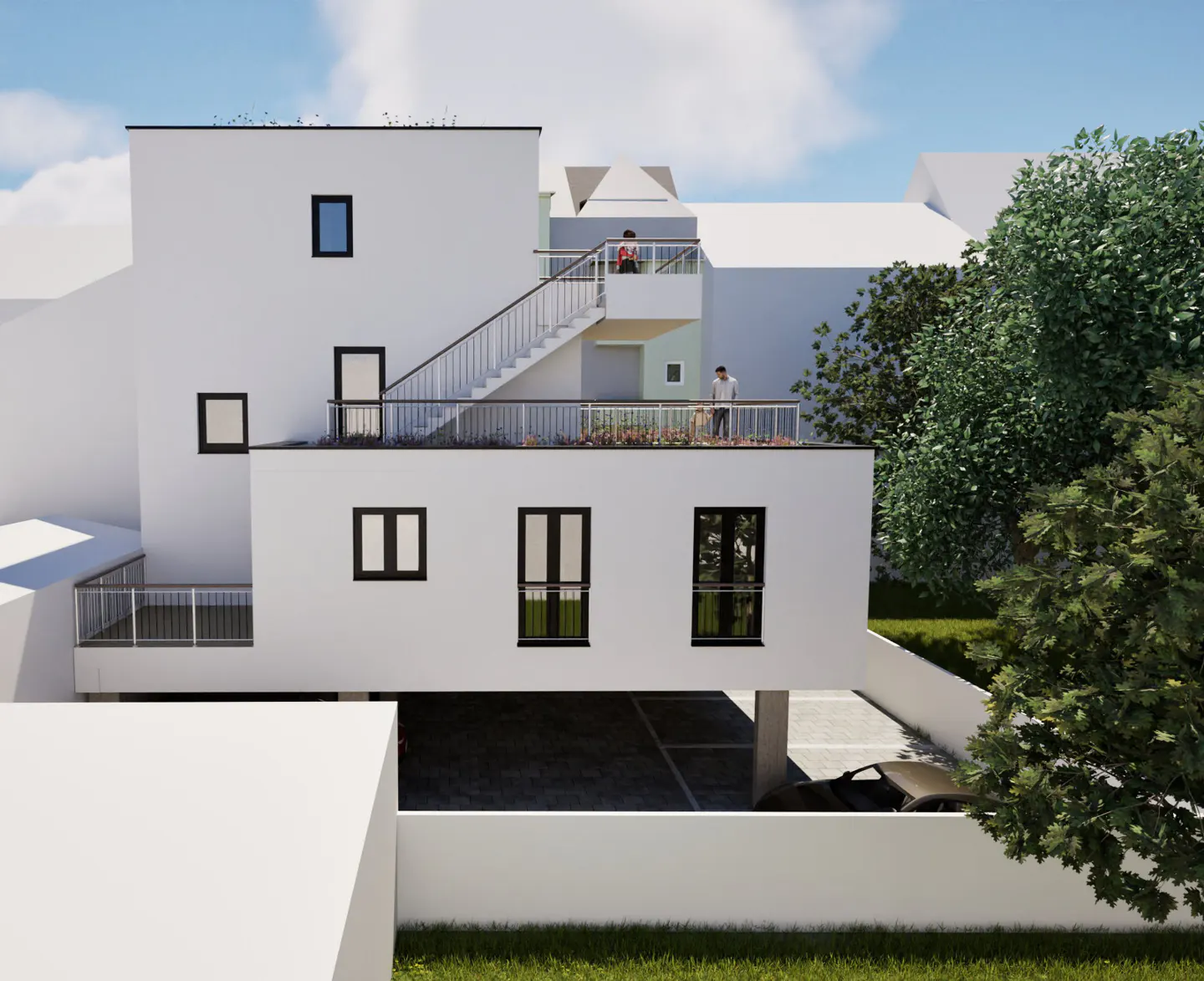 Modern white building with black-framed windows, a rooftop terrace, and a staircase. Trees and a blue sky are visible in the background.