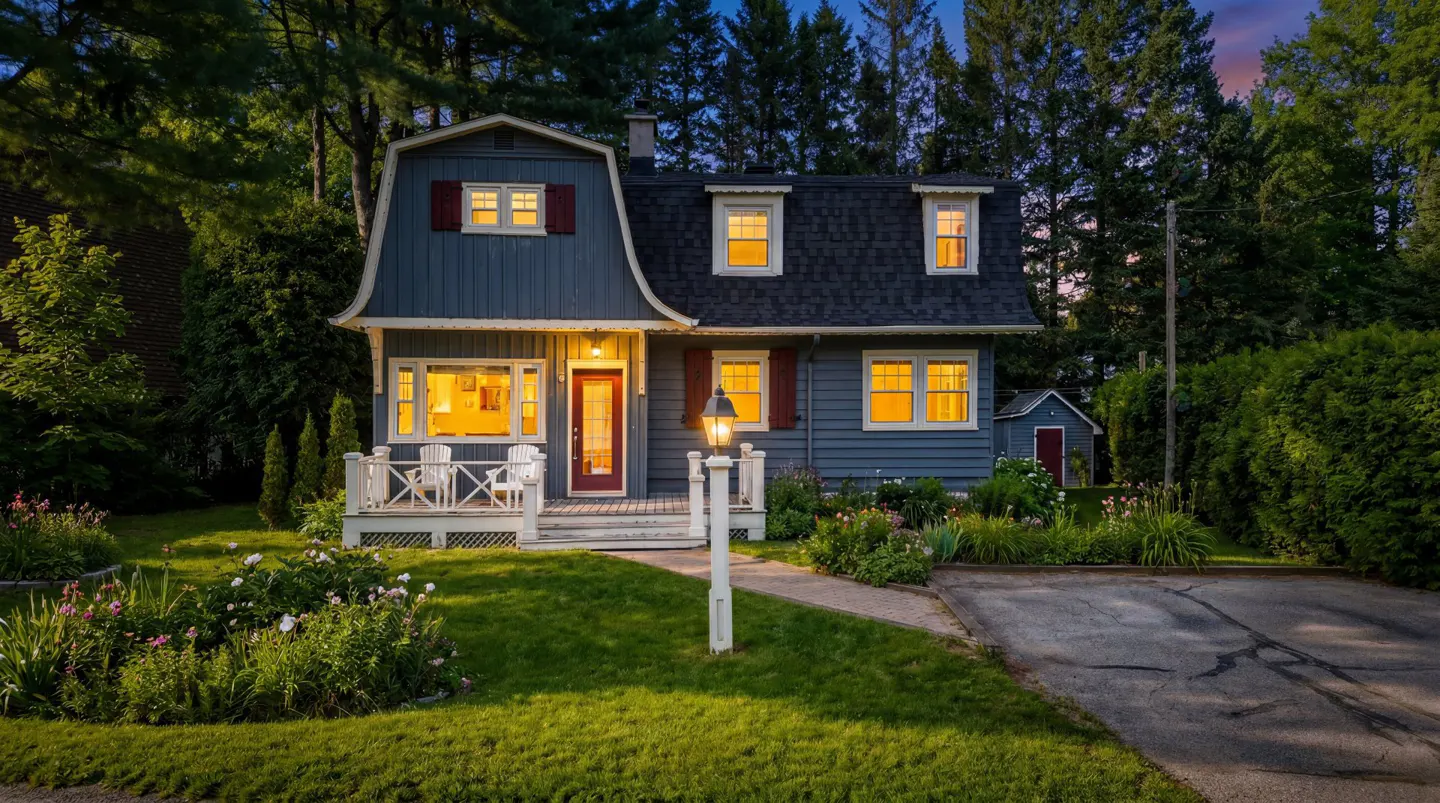 Exterior of a blue two-story house with a red door, white porch, and green lawn at dusk.