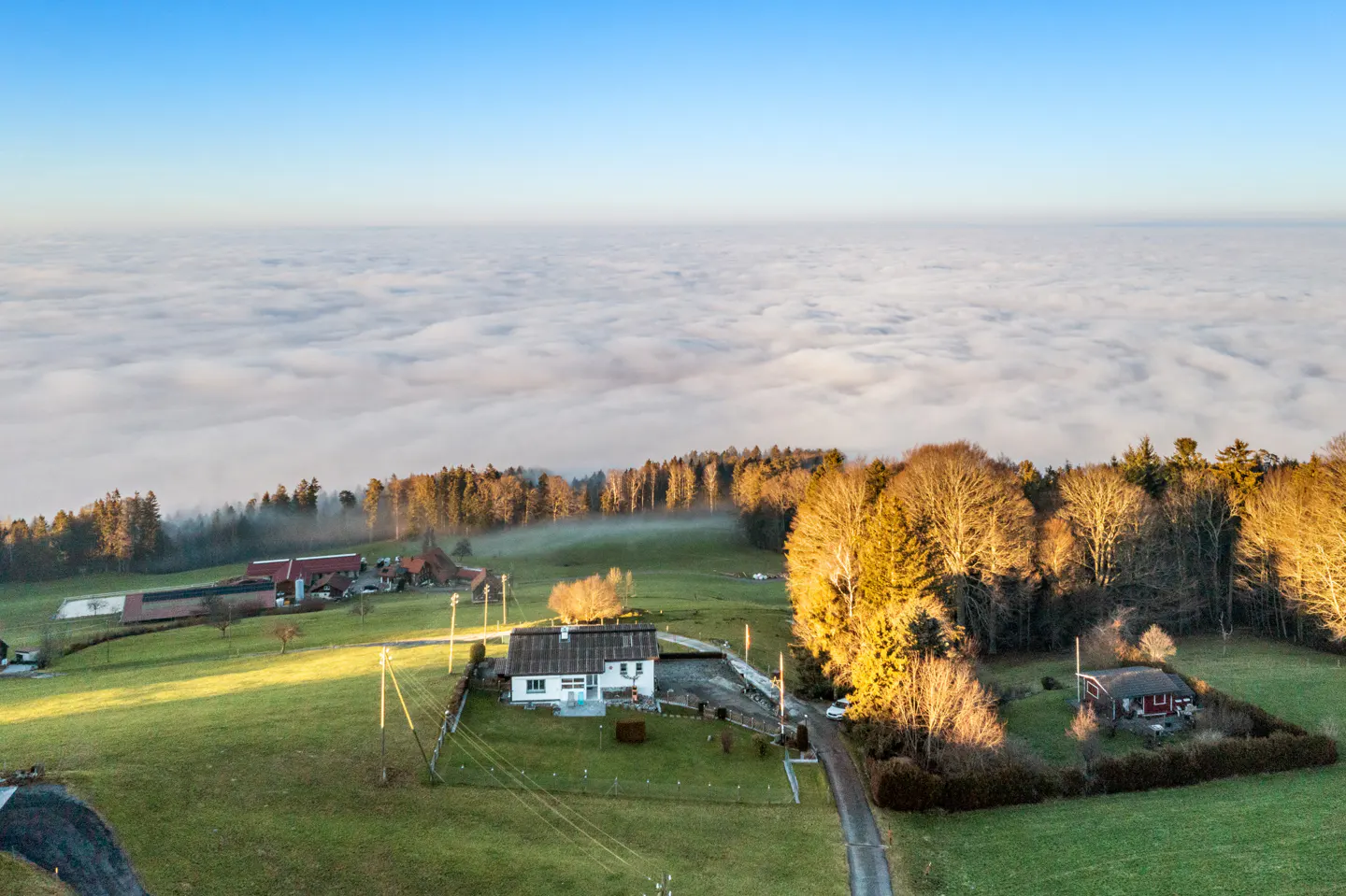 Aerial view of houses on a grassy hillside above a thick layer of clouds under a clear blue sky.