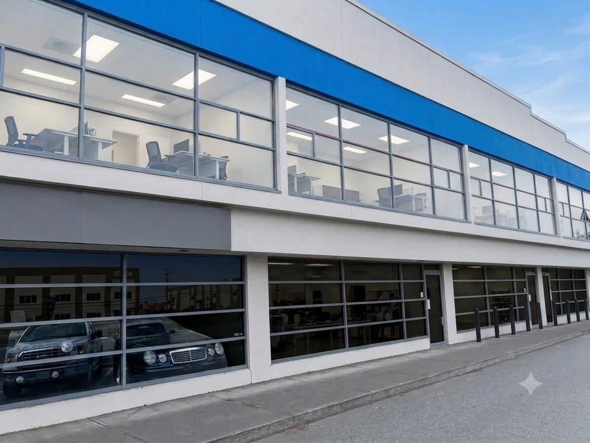 Exterior view of a two-story commercial building with large glass windows, office desks upstairs, and cars in the showroom.