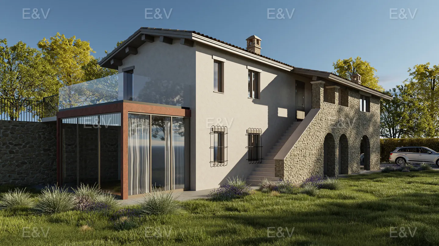 A two-story house with a stone facade and a glass-enclosed sunroom on a green lawn.