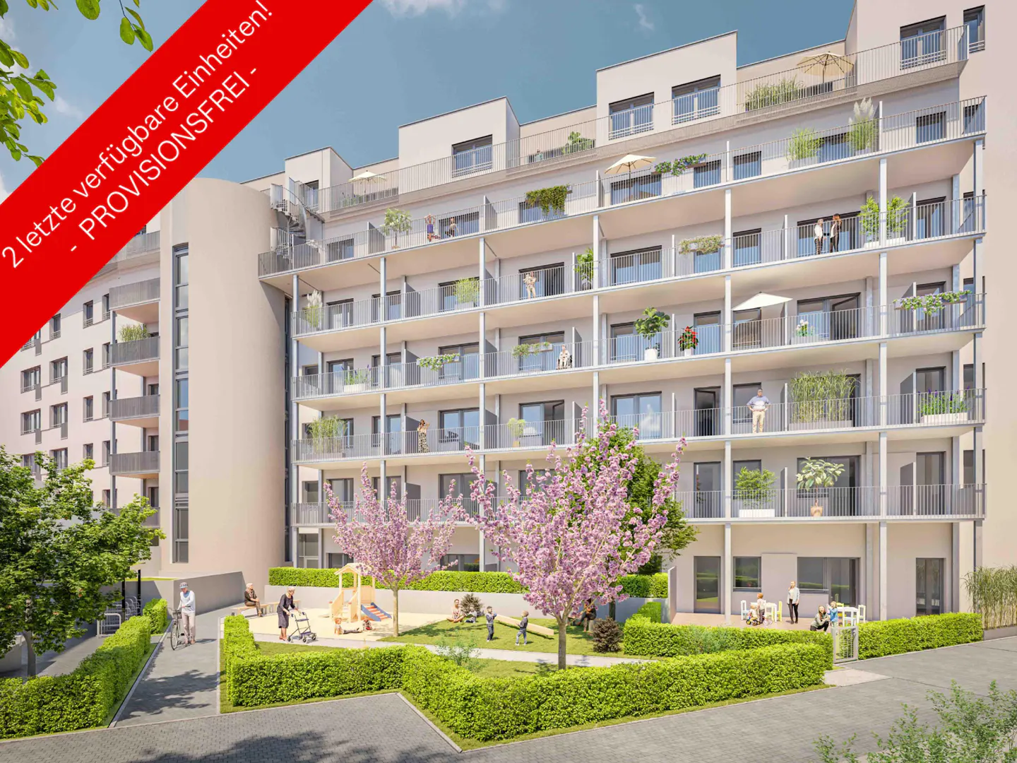 Modern apartment building with balconies overlooking a courtyard with trees and people. A red banner reads "2 letzte verfügbare Einheiten! - PROVISIONSFREI -".