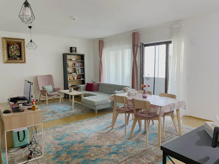 A bright, open-concept living and dining area with a gray sectional sofa, light wood dining table, and a patterned blue rug.