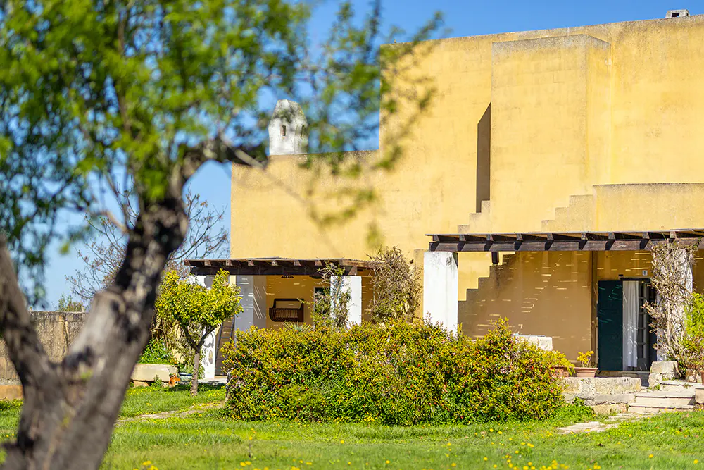 Exterior of a yellow house with a pergola, green lawn, and a tree in the foreground on a sunny day.