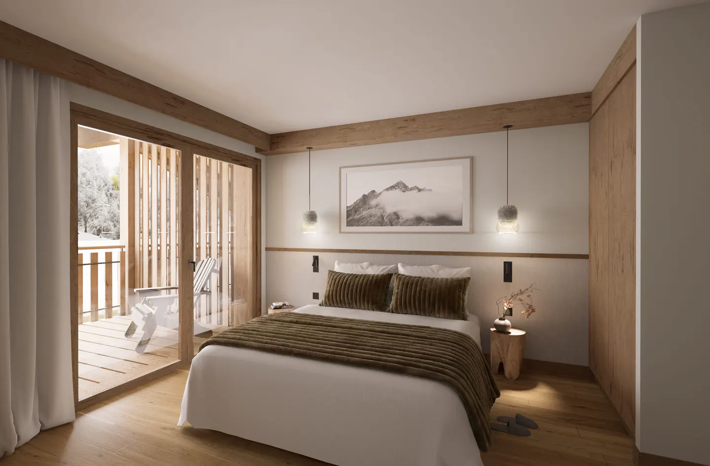 Bedroom with white linens, brown pillows and throw, wood accents, and balcony with chair overlooking snowy trees.