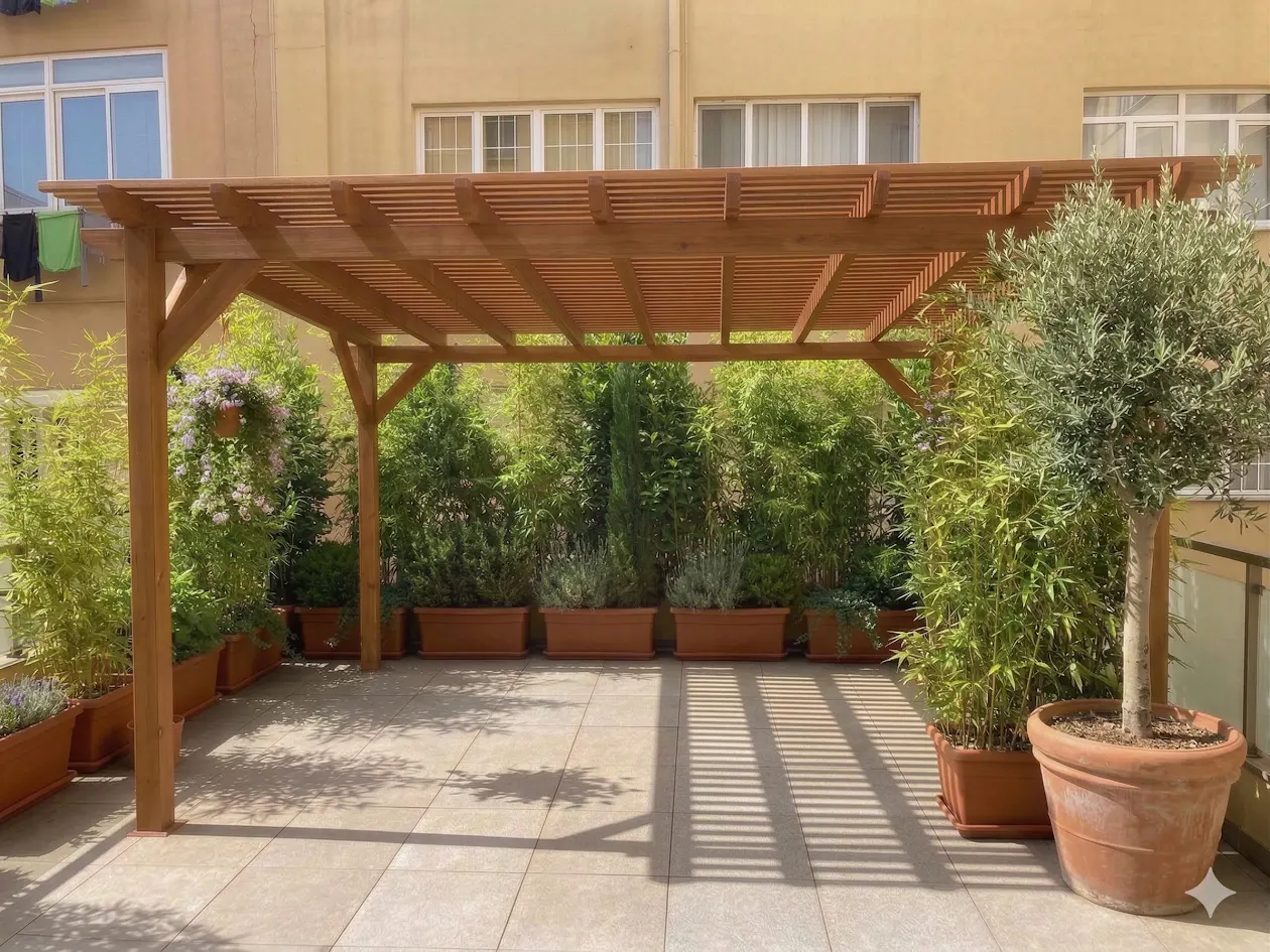 Outdoor patio with a wooden pergola, potted plants, and tiled floor. Sunlight creates shadows on the ground.