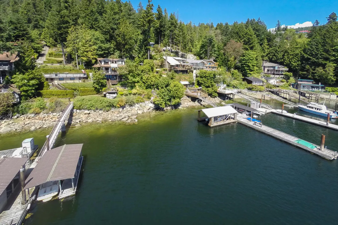 Aerial view of waterfront homes with docks on a green, tree-covered hillside overlooking a dark blue body of water.